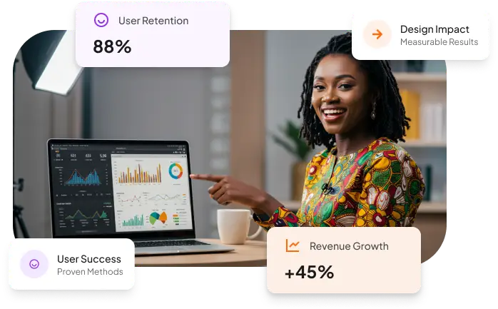 A UI/UX designer presenting a dashboard showing key business metrics like revenue growth, user retention, and conversion rates. The designer is confidently explaining the data to stakeholders, highlighting the impact of their design decisions learned from Mentorix ux design mentorship