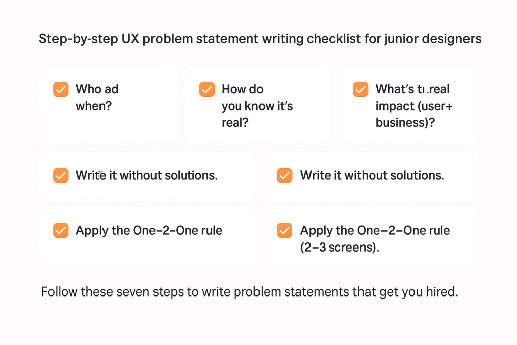 Step-by-step UX problem statement writing checklist for junior designers.