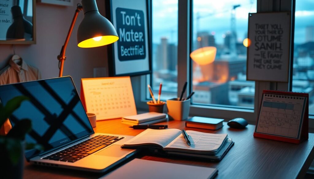 A cozy home office with a freelancer's marketing toolkit - a laptop, notebook, calendar, and inspirational wall art. Warm lighting from a desk lamp casts a soft glow, creating a productive and focused atmosphere. In the background, a cityscape or nature scene provides a calming backdrop, hinting at the freelancer's work-life balance. The composition emphasizes organization, planning, and a thoughtful approach to building a sustainable freelance business.