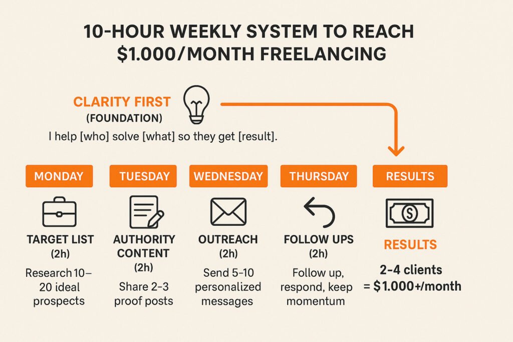 Infographic showing a 10-hour weekly routine freelancers can follow to consistently find clients and make $1,000 per month.