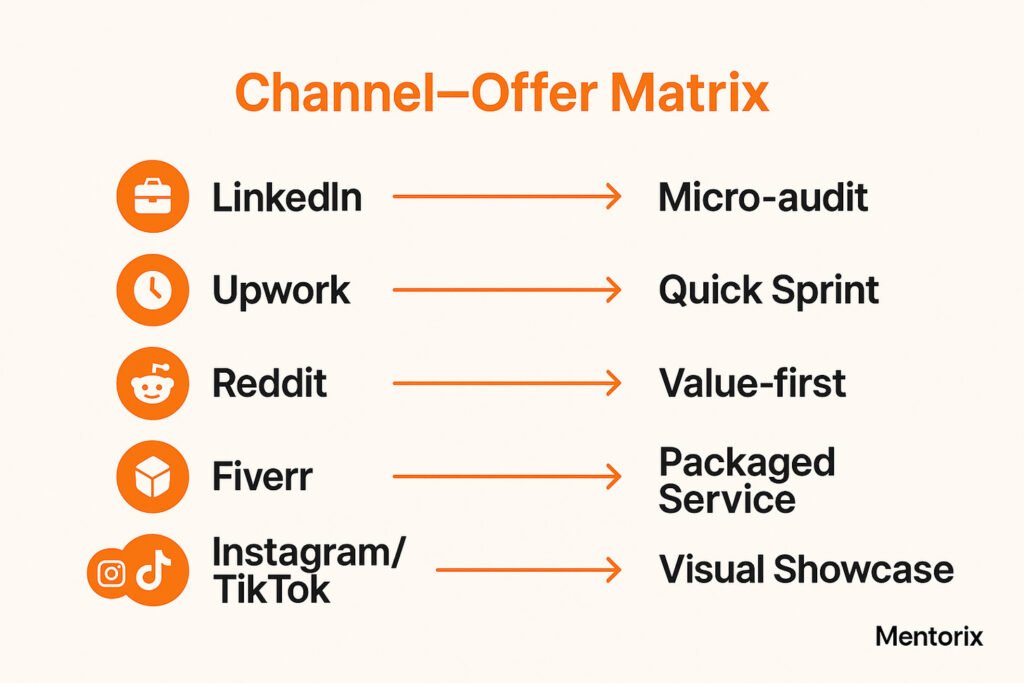 Infographic showing the Channel–Offer Matrix: LinkedIn → Micro-audit, Upwork → Quick Sprint, Reddit → Value-first, Fiverr → Packaged Service, Instagram/TikTok → Visual Showcase. Designed to illustrate how to get freelance clients on different platforms.