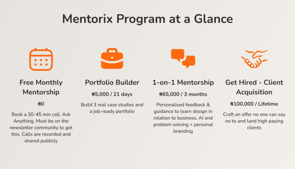 Mentorix programs infographic 2025 showing Free Monthly Mentorship, Portfolio Program, 1-on-1 Mentorship, and Client Acquisition with icons and captions.