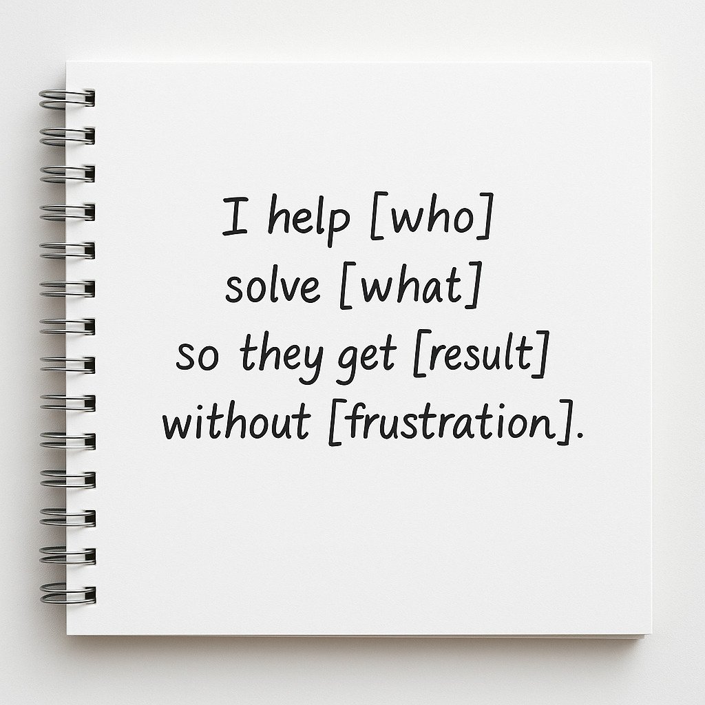 Notebook showing formula: “I help [who] solve [what] so they get [result] without [frustration],” a clarity method for freelancers to get clients.