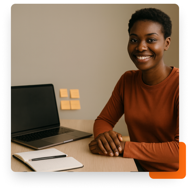 African female freelancer working on laptop with sticky notes, showing client replied and new project started — representing free mentorship for freelancers