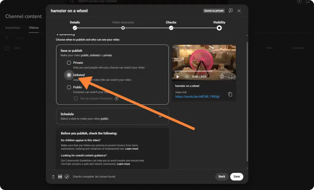 a youtube screenshot showing how to upload an unlisted youtube video
